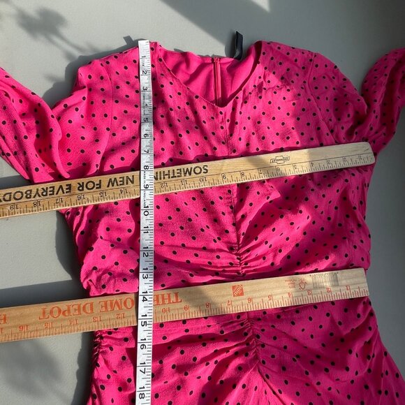 Zara Dress Size Medium Hot Pink Polka Dot Asymmetrical Dress Ruched 3/4 Sleeve - Picture 5 of 6